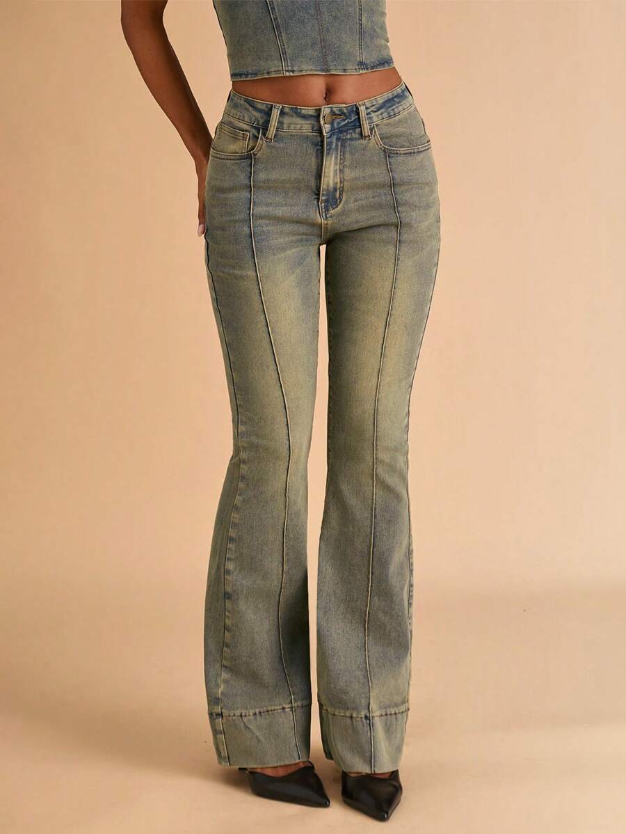 SHEIN BAE Quần Jeans Denim Ống Loe Thiết Kế Túi Cho Nữ Đa Năng Thường Ngày - Rửa nhẹ - Xem 1