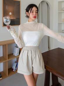 DAZY Cowl Neck Mesh Top Without Tube Top Going Out Tops Sheer Long Sleeve Women Tops,Fall Women Clothes - Beige - View 4