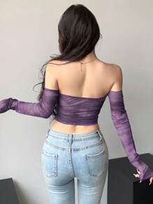 DAZY 扎染透明网眼短款露肩长袖女式上衣外出上衣节日夏季 - 紫色 - 查看 2