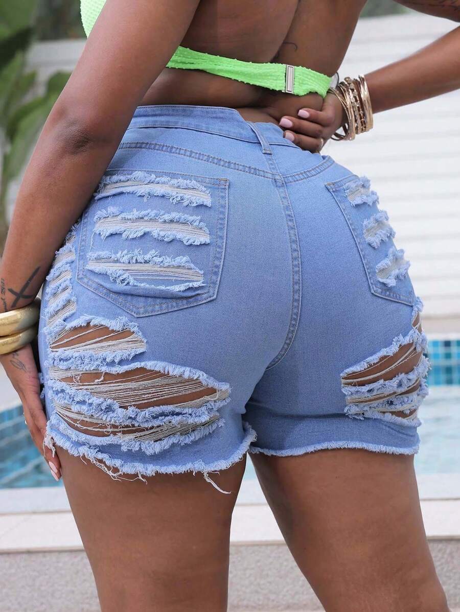 SHEIN SXY Women Hollow Out Simple Plus Size Denim Shorts - Light Wash - View 1