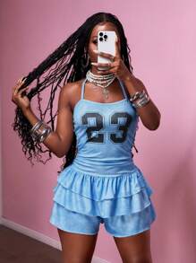 Slaydiva 2025 Summer New Style Birthday Party Daily Outing Basic All-Match Leisure Vacation Cruise Travel Beach Seaside Sunbathing Popular Online Street Style Halter Neck Strap Sexy Backless Texture Ribbed Pleated Multi-Layer Lotus Leaf Hem Culottes Waist A-Line Blue Imitation Snow-Washed Fabric Summer Jumpsuit Women's Jumpsuit - Blue - View 6