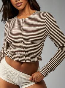 MISSGUIDED Striped Long Sleeve Button Front Peplum Top Ruched Fitted Crop Length Fall Winter Fashion