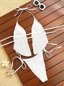 Swim SXY Women's Summer Solid Color Jacquard Fabric Bandeau Tie-Strap Backless Bikini Set, Sexy Cute Girl's Beach Swimwear - White - View 4