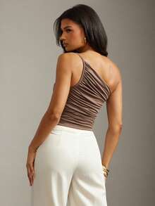 Hauture 女式基本款休闲办公室复古单肩侧褶针织平纹针织棕色上衣 - 棕色 - 查看 2