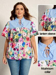 SHEIN LUNE Plus Size Women's Light Blue Summer Boho Vacation Holiday Striped Floral Patchwork Lace Collar Blouse,Lantem Sleeve Mushroom Collar Tops - Multicolor - View 1