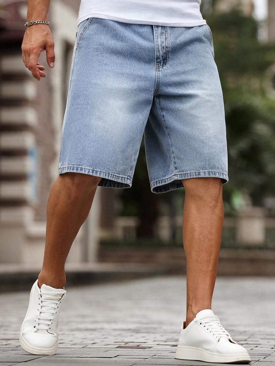 Manfinity Homme Quần short denim thời trang giản dị đa năng có túi màu trơn cho nam - Rửa nhẹ - Xem 1