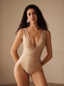 Anewsta 精致优雅成熟高端V领棕色和银线露背连体泳衣，25SS系列 - 棕色 - 查看 1