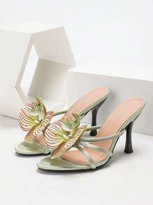 CUCCOO SZL 女士时尚绿色兰花装饰细高跟凉鞋，适合度假和派对 - 橄欖綠 - 查看 4