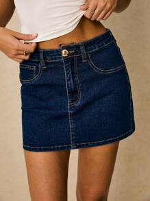 Poéselle 新款女士牛仔裙 低腰紧身迷你裙 深蓝色 秋季服装 休闲办公服装 返校服装 Y2K 服装 音乐节服装 - 深色水洗藍 - 查看 1