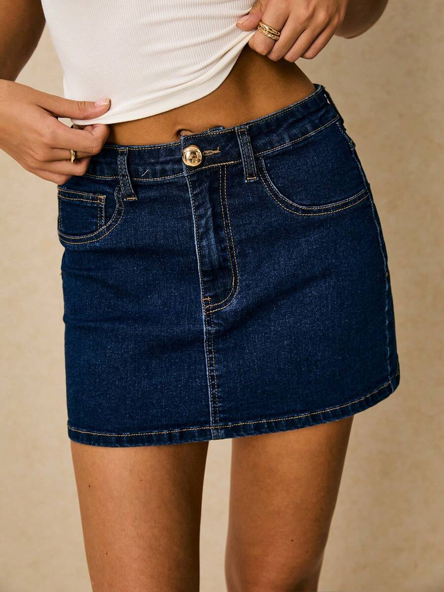 Poéselle 新款女士牛仔裙 低腰紧身迷你裙 深蓝色 秋季服装 休闲办公服装 返校服装 Y2K 服装 音乐节服装 - 深色水洗藍 - 查看 1