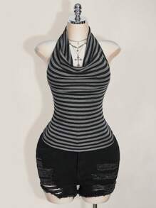 SHEIN ICON 大码垂坠领口条纹针织露背上衣，复古 Y2K 条纹垂坠领口上衣，适合返校季、毕业季、暑假、约会、日常穿着