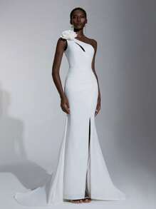 Elitara White Spring Elegant Formal Party Dress,Stretchy Knitted Asymmetric Shoulder Detachable 3D Floral Ruched Fishtail High Slit Extra Long Bridal Train - White - View 7