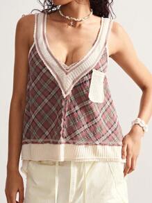 Bohemela Casual Woven Plaid V-Neck Loose Women Top