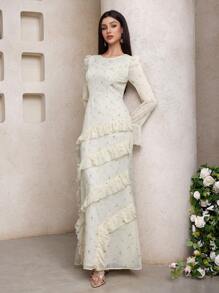 Veilorie Đầm Ả Rập dài tay cổ bèo nhún thanh lịch cho nữ - Màu vàng - Xem 2