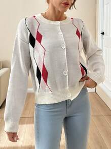 EURMUSE Women Geometric Printed Jaquard Cardigan With Button,Long Cardigans Woman,Petite Cardigans,Cardigans - Multicolor - View 3