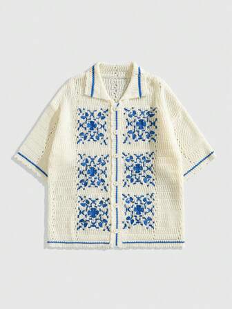 Street Life Men's Street Life Embroidery Pattern Loose Knit Casual Short Sleeve Shirt