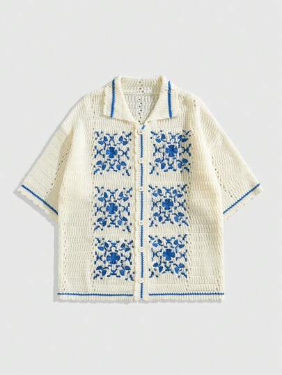 Street Life Chemise ample à manches courtes, tricot casual, motif brodé pour homme