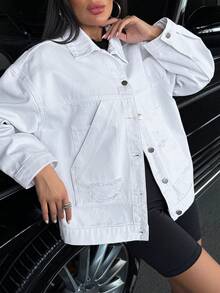 EURMUSE Oversize White Drop Shoulder Button Front Denim Jacket White Jean Jacket Oversized Jean Jacket Oversized Denim Jacket Womens Jean Jacket - White - View 6