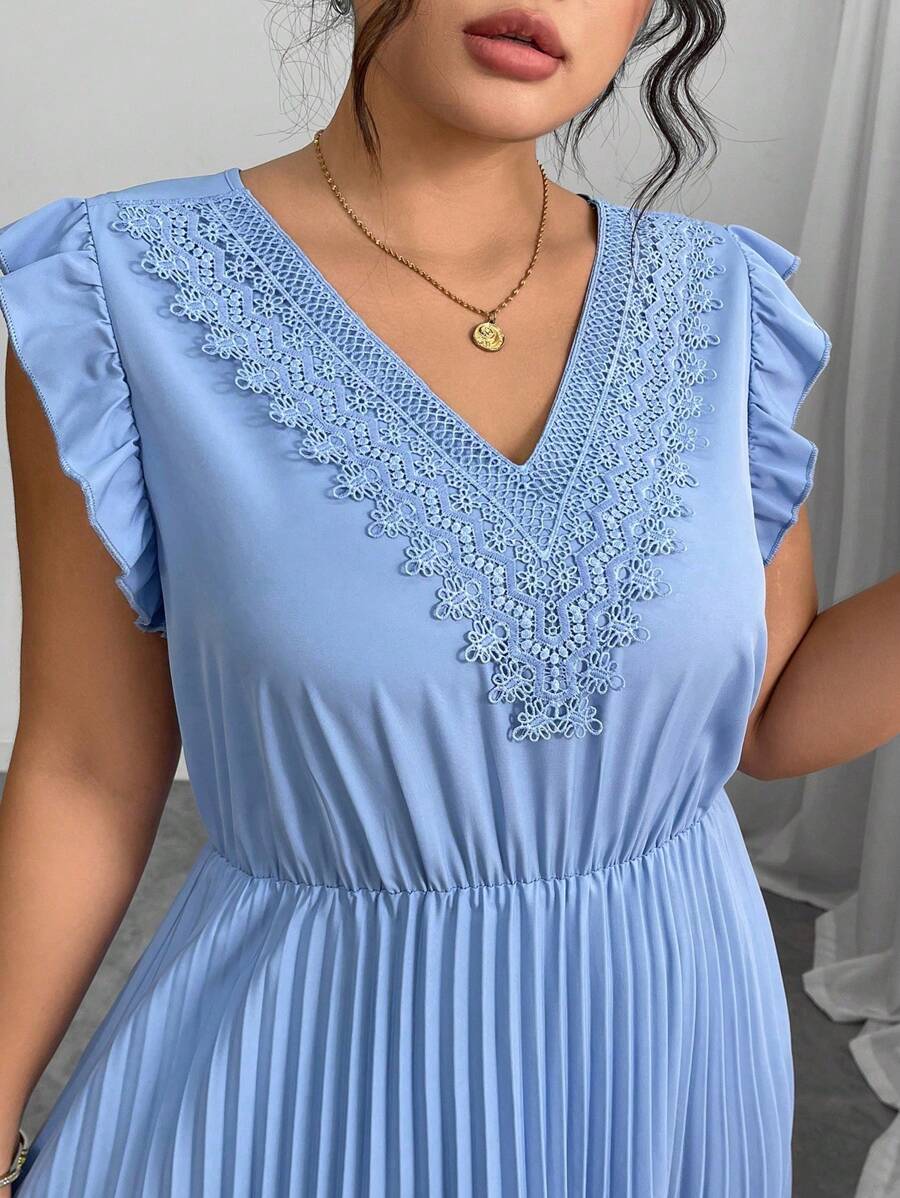 Elenzga Plus Size Women Woven Ruffle Splicing V-Neck Waist Pleated Dress, Elegant Blue, Spring & Summer - Blue - View 1