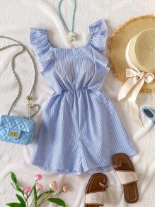 Girls' Ruffled Backless Bowknot Striped Romper, Casual Summer Vacation Beach Outfit - Blue - View 2