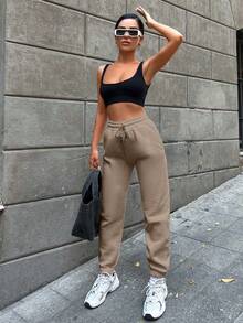 EURMUSE Ladies' Basic Solid Color Drawstring Waist Sweatpants - Beige - View 4
