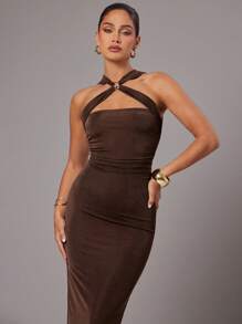 Silquee Đầm midi xếp ly ôm vừa vặn thanh lịch không tay cho nữ - màu nâu - Xem 5