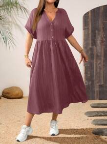 SHEIN Essnce 大码女装春夏时尚休闲宽松舒适日常黑色纹理面料 V 领短袖中长连衣裙，带口袋，女士夏季服装，工作服，曲线黑色连衣裙，教堂服装女士 - 藕粉色 - 查看 7