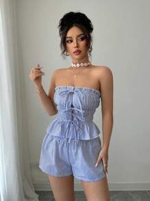 Selianne 2pcs Summer Vacation Set: Strapless Tie Front Blue Striped Ruffle Hem Crop Top + Elastic Waist Shorts - Navy Blue - View 3