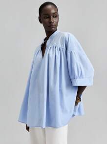 Ontre Blusa de hombro caído de unicolor simple con cuello en V para mujer, Top básica, uso casual de oficina de negocios