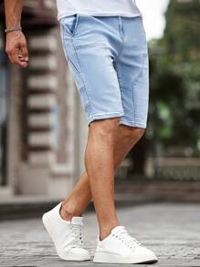 Manfinity Homme 男士纯色口袋设计休闲百搭时尚牛仔短裤 - 淺色水洗藍 - 查看 3