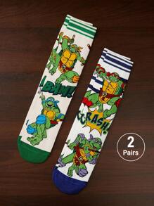 TEENAGE MUTANT NINJA TURTLES | SHEIN 2 双柔软透气吸湿排汗休闲中筒袜，卡通条纹图案，时尚绿色和白色男士中筒袜，加固脚趾和脚跟，经久耐用，男女通用，四季百搭 - 彩色 - 查看 1
