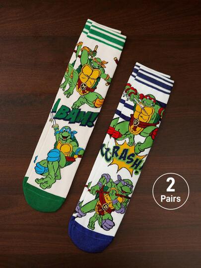 TEENAGE MUTANT NINJA TURTLES | SHEIN 2 双柔软透气吸湿排汗休闲中筒袜，卡通条纹图案，时尚绿色和白色男士中筒袜，加固脚趾和脚跟，经久耐用，男女通用，四季百搭