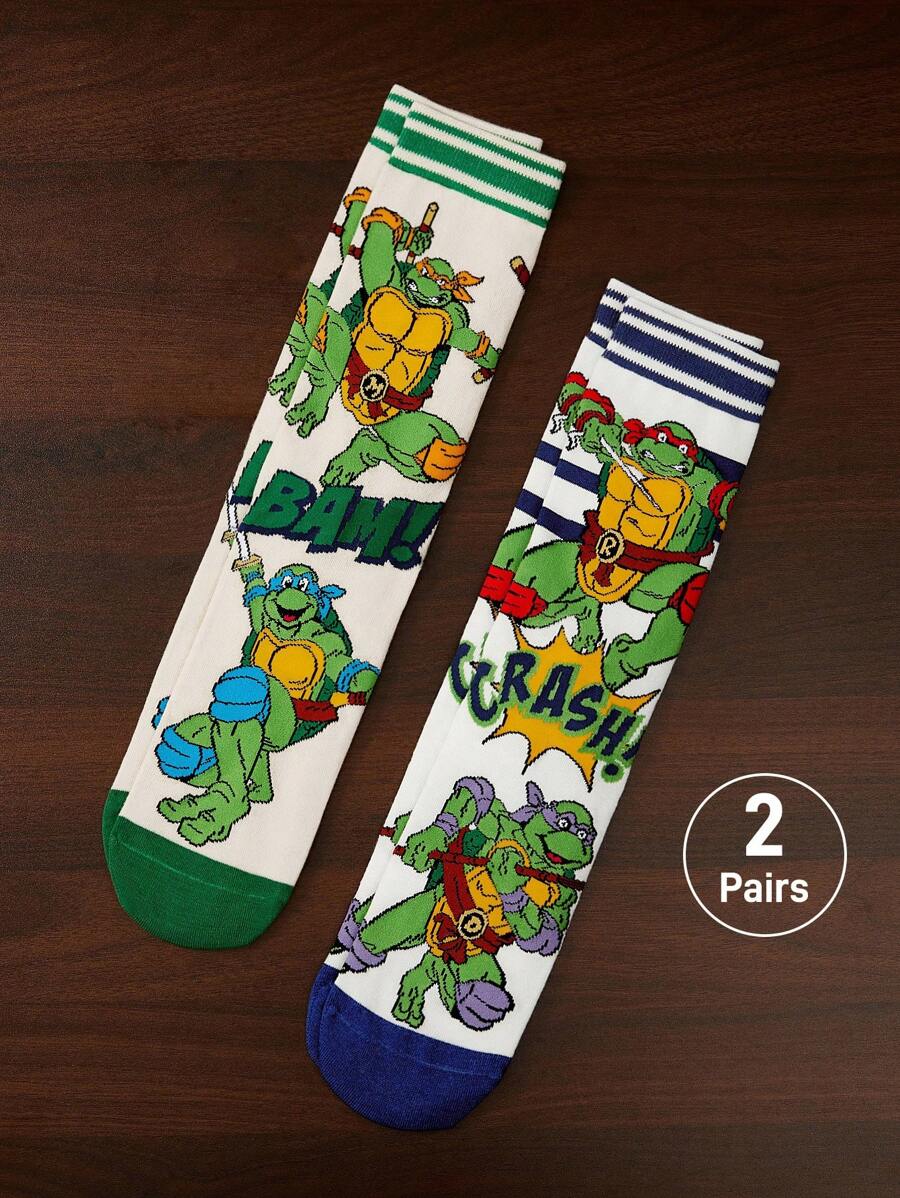 TEENAGE MUTANT NINJA TURTLES | SHEIN 2 双柔软透气吸湿排汗休闲中筒袜，卡通条纹图案，时尚绿色和白色男士中筒袜，加固脚趾和脚跟，经久耐用，男女通用，四季百搭 - 彩色 - 查看 1