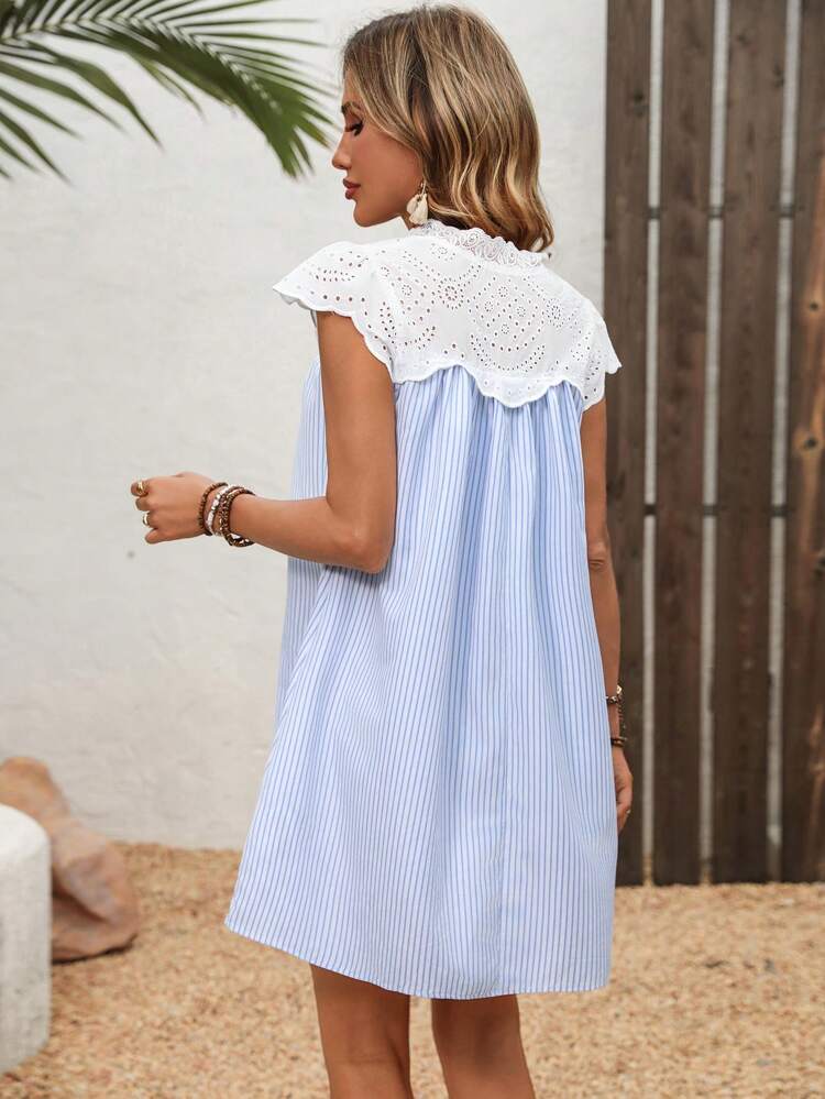 Women's Casual Vacation Solid Color Hollow Embroidery Splice Striped Mini Dress