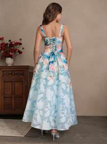 SHEIN Unity Long Floral Dress For Women Blue Boho Maxi Dress With Floral Print And Straps Neckline - Blue - View 3