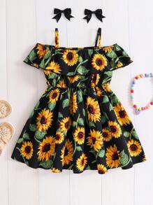 Vestido sin mangas con hombros descubiertos y estampado de flores de gasa para niñas jóvenes
