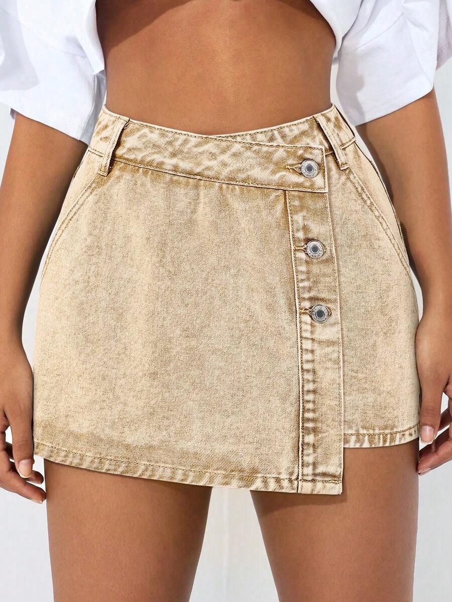 SHEIN PETITE Women's Single Row Button Asymmetric Hem Casual Denim Skorts - Khaki - View 1