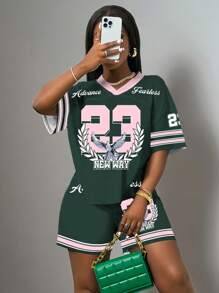 Slaydiva 2 pièces/set T-shirt à manches courtes et short décontractés pour femmes, avec impression du numéro 23 et de pigeon, convient pour l'été - Multicolore - Voir 2