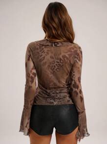 SHEIN BAE Women's All-Over Print Ruffled V-Neck Fitted Long Sleeve Blouse - Brown - View 2