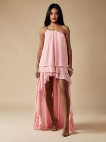 MISSGUIDED Asymmetric High Low Chiffon Maxi Dress One Shoulder Ruffled Layer Party Bridesmaid Prom Gown Greek Style Flowy Wedding Guest Summer Spring - Pink - View 4