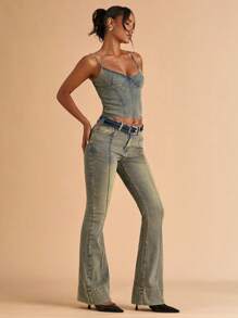 SHEIN BAE Quần Jeans Denim Ống Loe Thiết Kế Túi Cho Nữ Đa Năng Thường Ngày - Rửa nhẹ - Xem 4