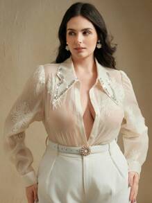 Anewsta 刺绣铆钉设计感衬衫 - 杏色 - 查看 1