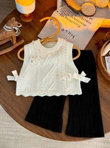 SHEIN LMoss Kids 2 件套女婴优雅蝴蝶结装饰背心和纯色裤子套装 - 黑與白 - 查看 1