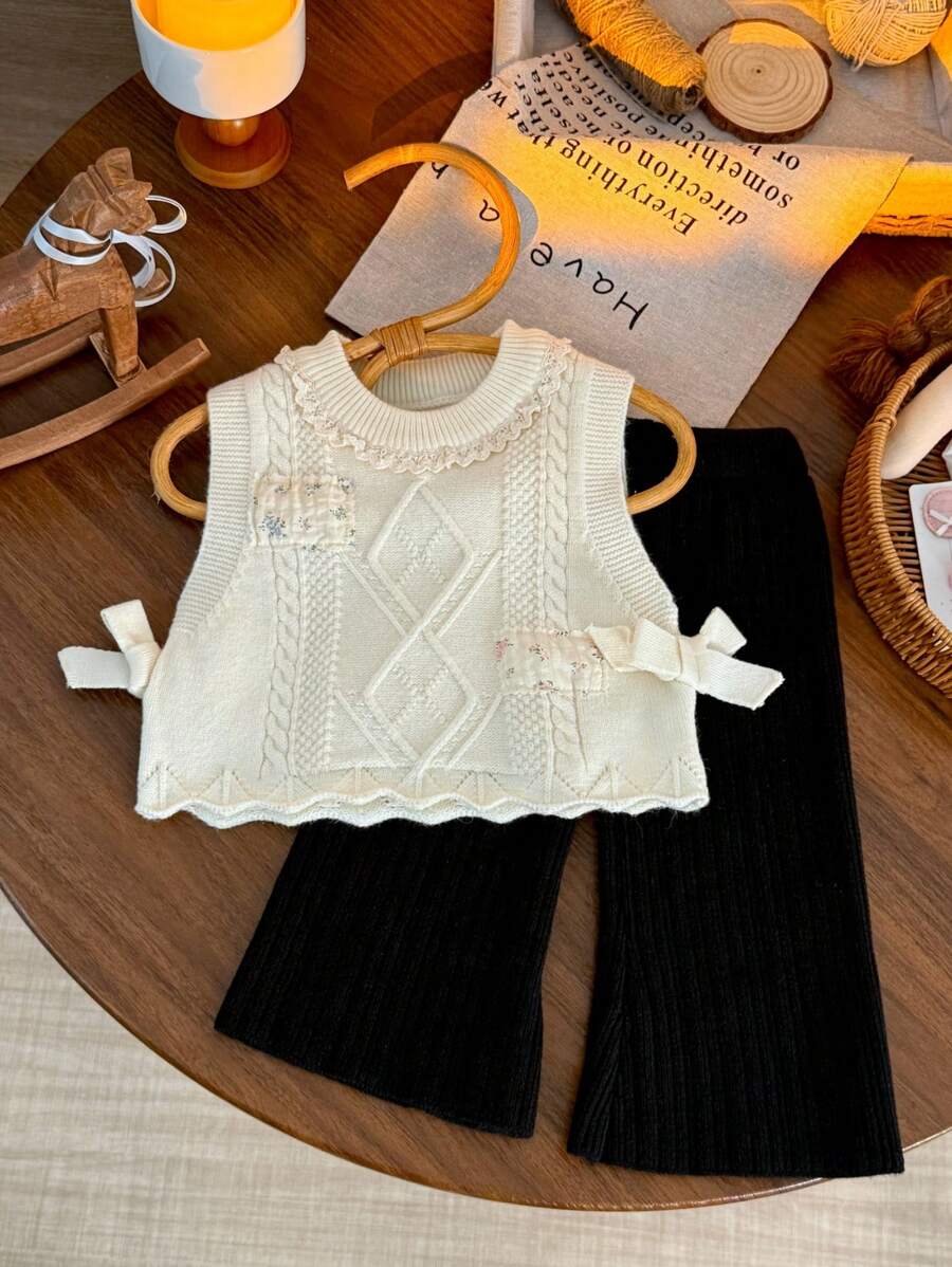 SHEIN LMoss Kids 2 件套女婴优雅蝴蝶结装饰背心和纯色裤子套装 - 黑與白 - 查看 1