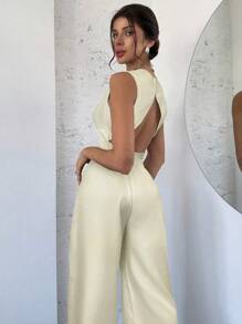 Firerie 女士优雅简约别致性感浪漫通勤音乐节派对约会之夜露背无袖上衣和褶皱阔腿裤黑色 2 件套 - 卡其色 - 查看 3