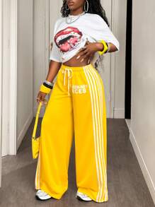 女式字母和侧条纹印花抽绳腰部宽松运动裤 - 黃色 - 查看 8