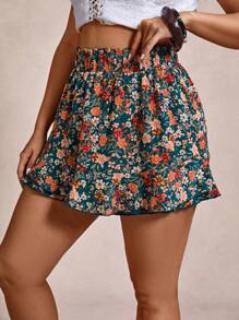 SHEIN VCAY 女式加大码节日花卉印花松紧腰宽松荷叶边下摆短裤夏季西部复古海滩度假乡村秋季教师复古女式波西米亚风 - 彩色 - 查看 1