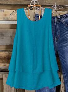 Linhara Camiseta sin tirantes con doble capa de volantes, estilo retro dulce y de vacaciones en la playa, para mujeres de talla grande - azul real - Ver 2