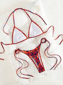 Swim SXY 2pcs Set Bikini Wanita Motif Leopard Gradien Acak dengan Cup Segitiga dan Belahan Leher untuk Liburan Pantai Musim Panas - MultiWarna - View 2