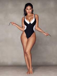 Shapewave Ladies' Swimwear Vacation Beachwear Contrast Color Black Knitted Ladies' Beachwear Swimsuit For Summer - Black - View 3